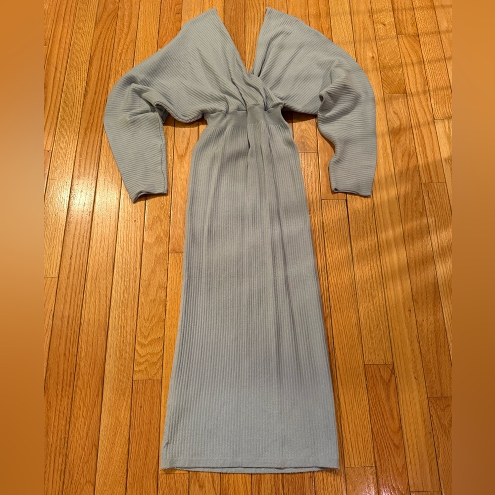 Blue Wrap Style Light V Neck Strechy Sweater Dress